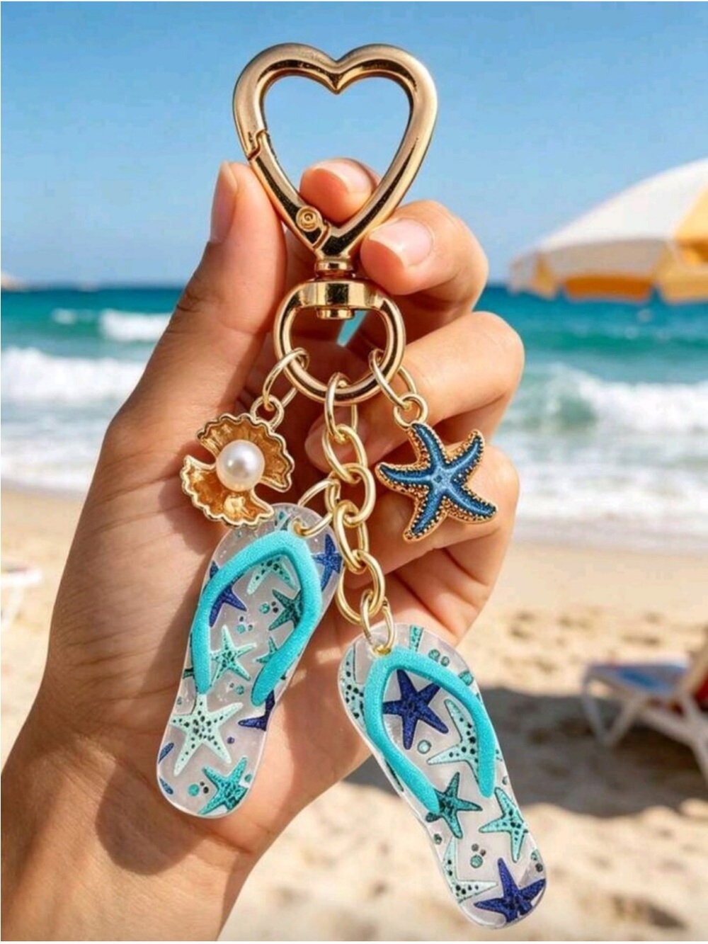 Gold Heart Flip-Flop & Starfish Keychain - Blue Beach Charm